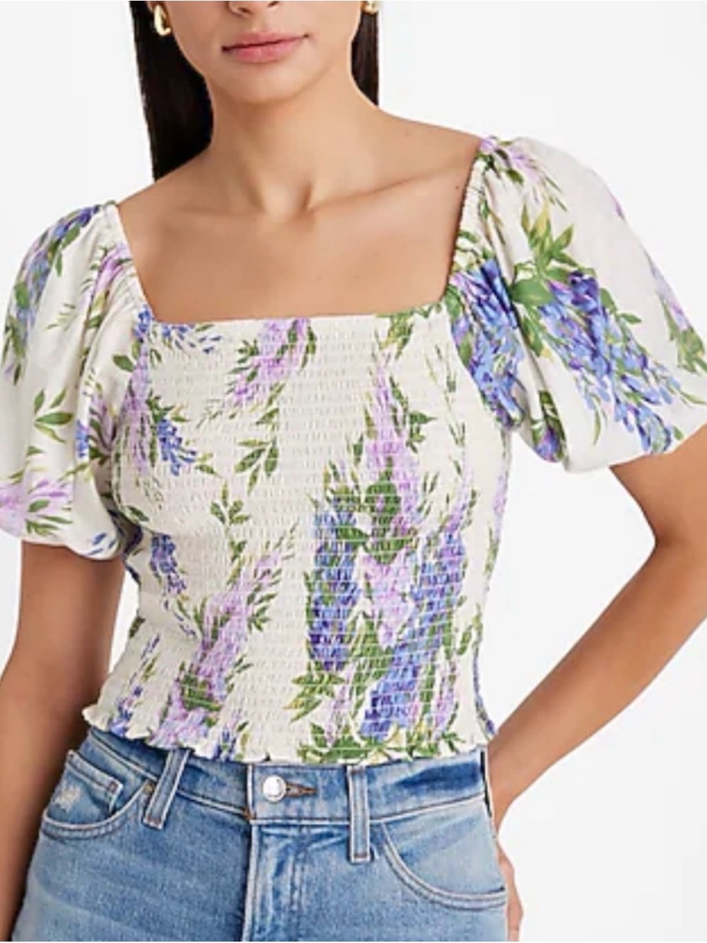 Express White Floral Smocked Square-Neck Crop Top